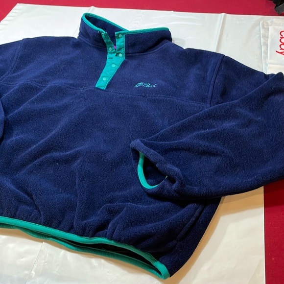 LL Bean BLUE FLEECE jacket aqua trim PULLOVER 4 snap neck, Mens 2XL side pockets - Picture 3 of 15